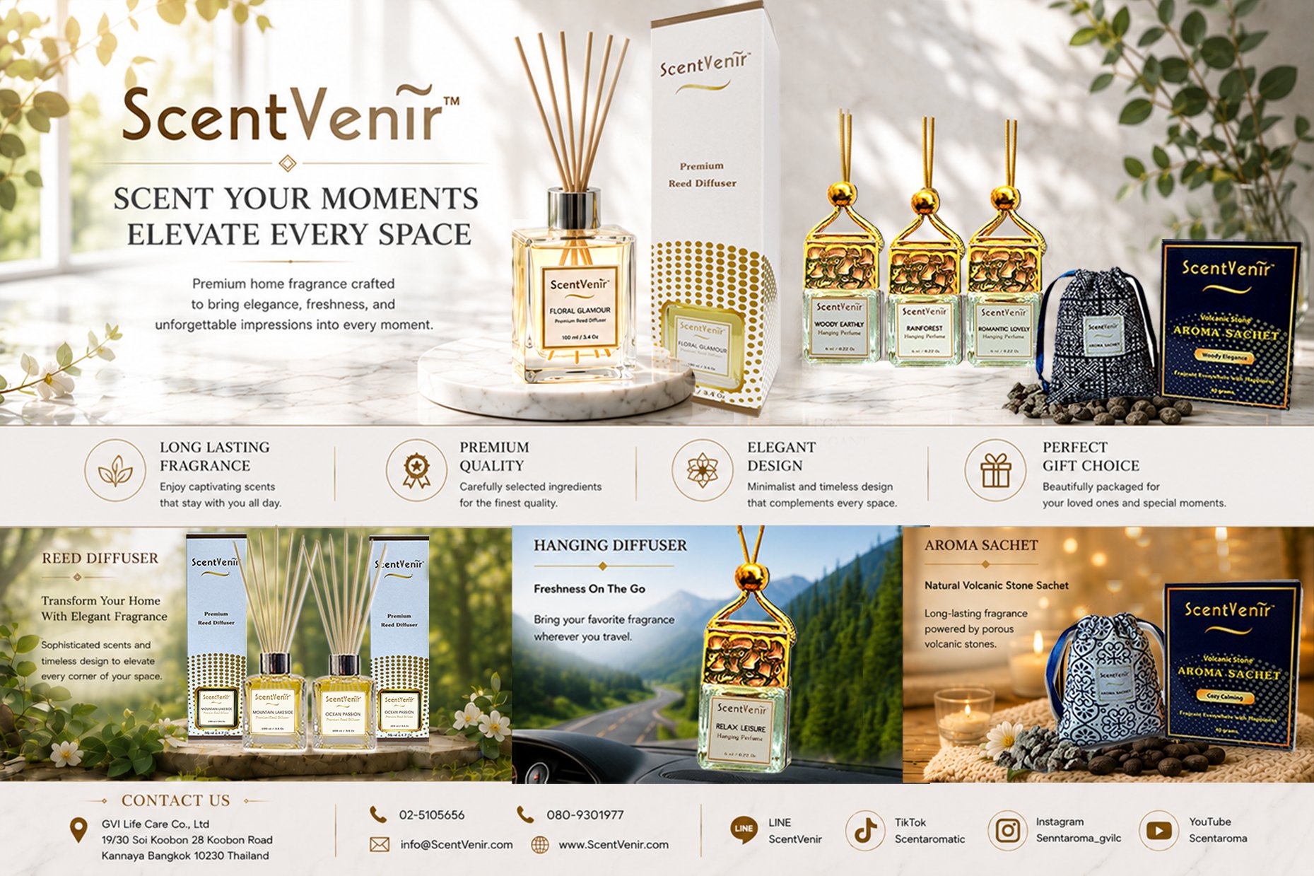 ScentVenir™ – Scent Your Moments, Elevate Every Space. Premium reed diffusers, hanging diffusers and volcanic stone aroma sachets from GVI Life Care Co., Ltd, Bangkok Thailand.